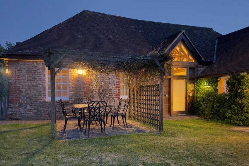 Patio with seating at dusk