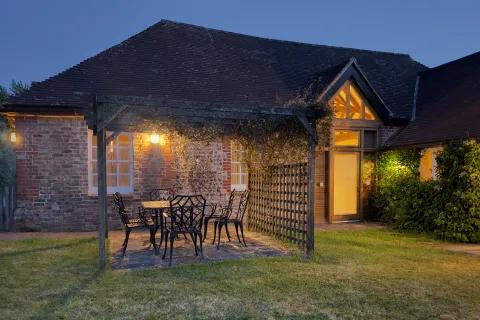 Patio with seating at dusk